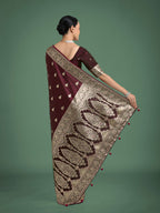 Monjolika Fashion Maroon Banarasi Satin Silk Saree with Intricate Zari Work with Rich Weaving Pattern | Grocsy