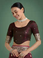 Monjolika Fashion Maroon Banarasi Satin Silk Saree with Intricate Zari Work with Rich Weaving Pattern | Grocsy