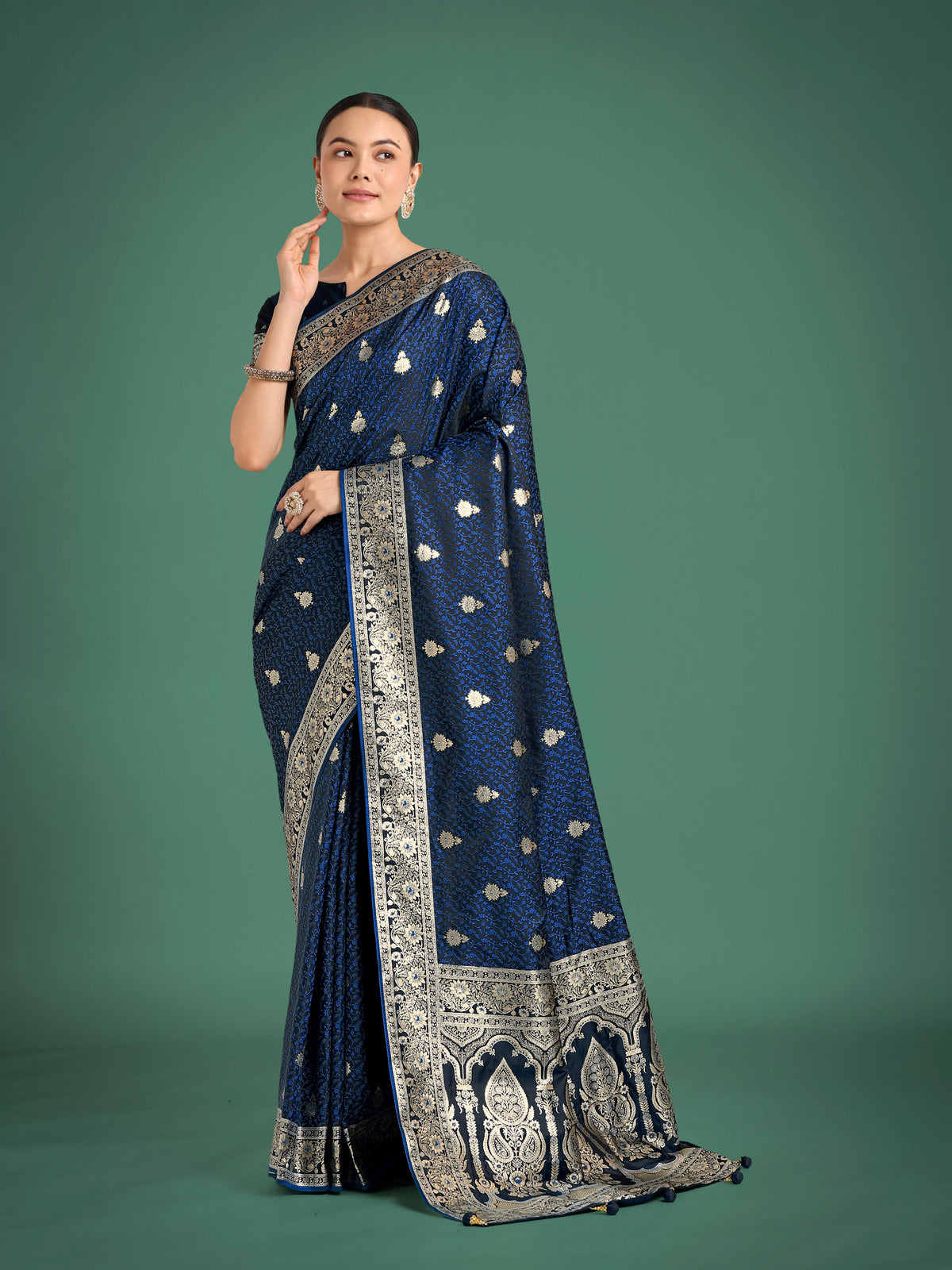 Monjolika Fashion Blue Banarasi Satin Silk Saree with Intricate Zari Work with Rich Weaving Pattern | Grocsy