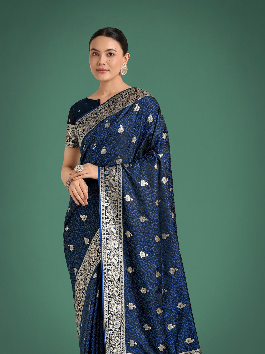 Monjolika Fashion Blue Banarasi Satin Silk Saree with Intricate Zari Work with Rich Weaving Pattern | Grocsy