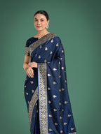 Monjolika Fashion Blue Banarasi Satin Silk Saree with Intricate Zari Work with Rich Weaving Pattern | Grocsy