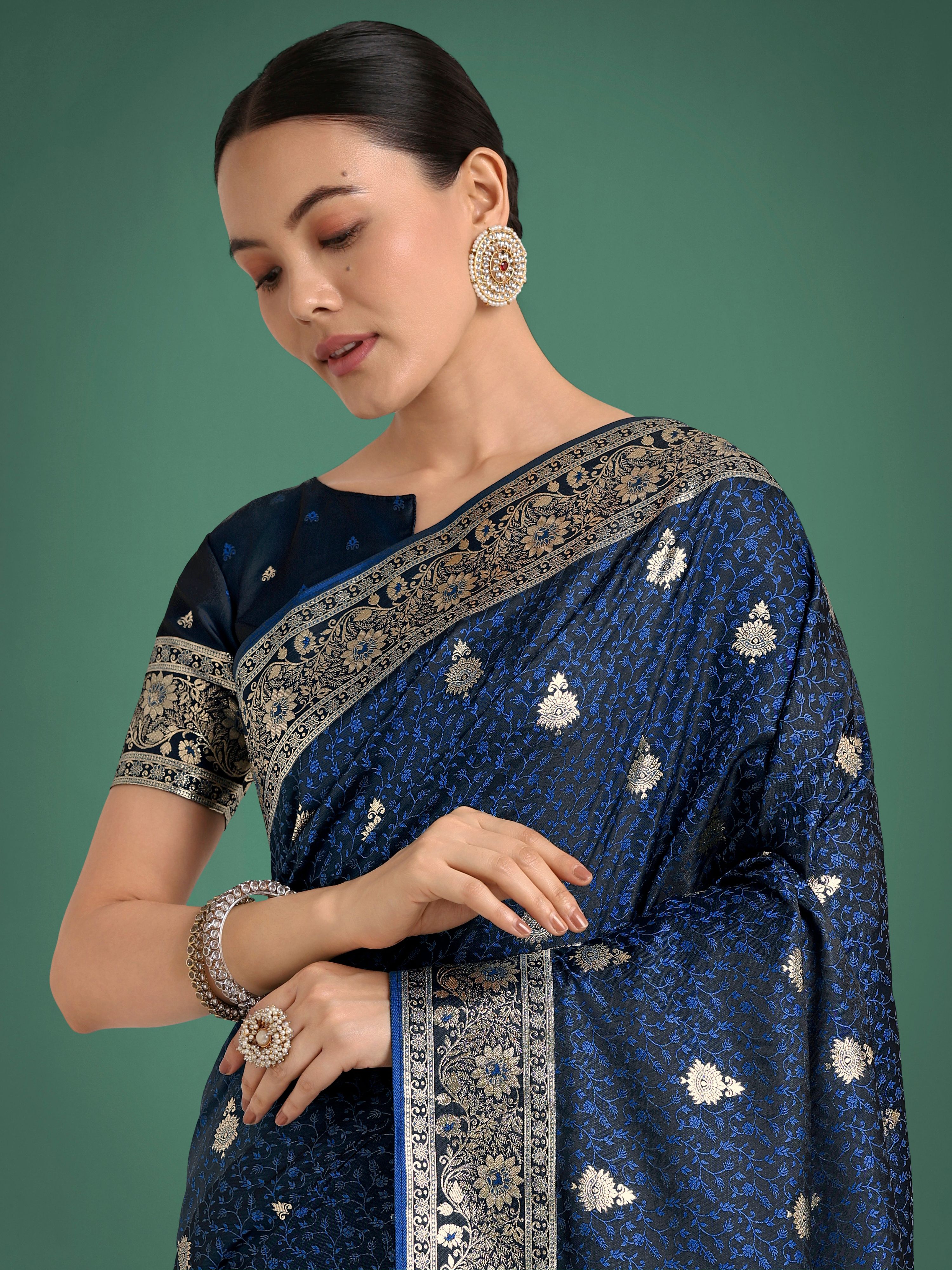 Monjolika Fashion Blue Banarasi Satin Silk Saree with Intricate Zari Work with Rich Weaving Pattern | Grocsy