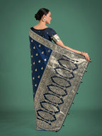 Monjolika Fashion Blue Banarasi Satin Silk Saree with Intricate Zari Work with Rich Weaving Pattern | Grocsy