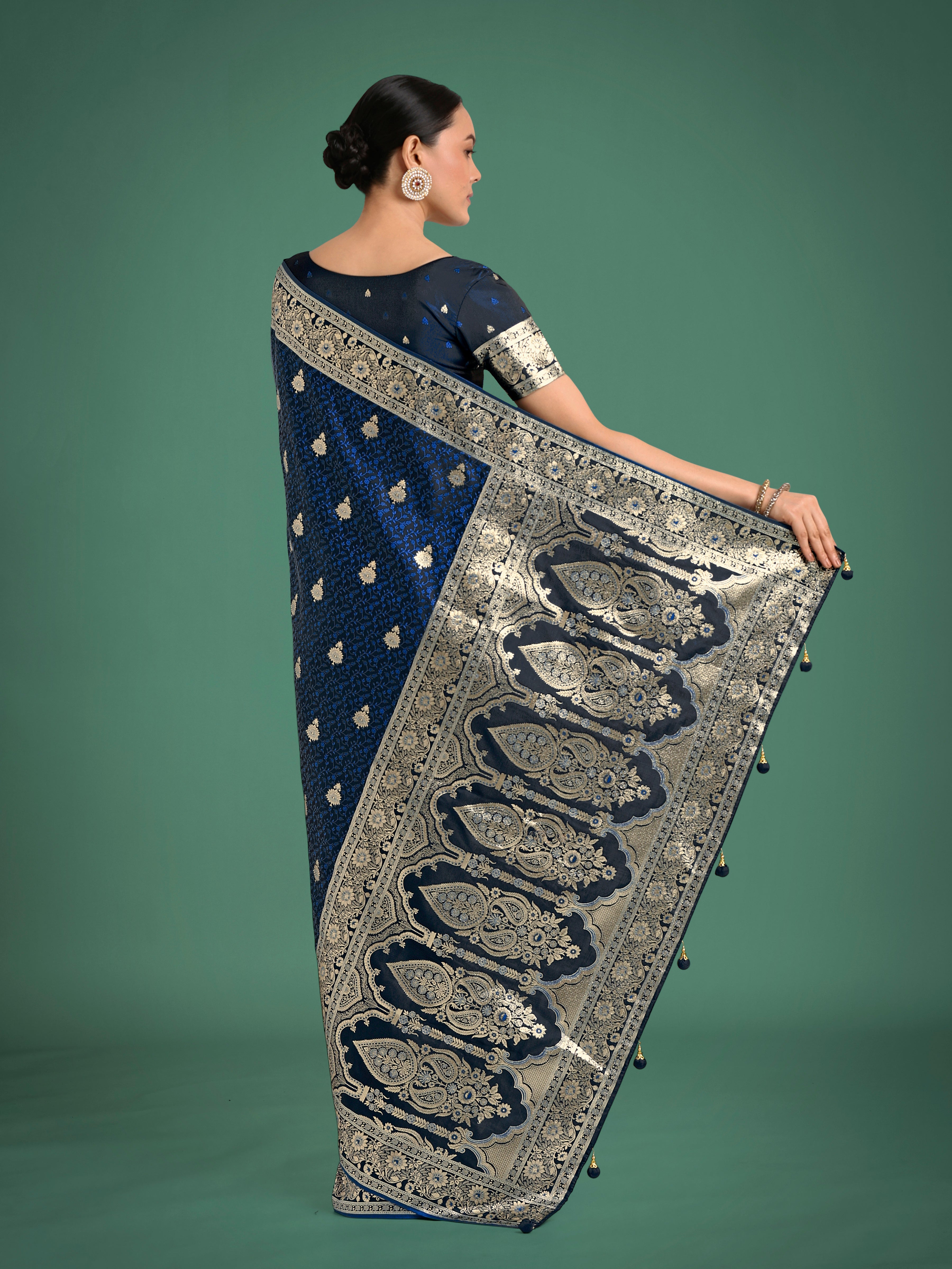 Monjolika Fashion Blue Banarasi Satin Silk Saree with Intricate Zari Work with Rich Weaving Pattern | Grocsy