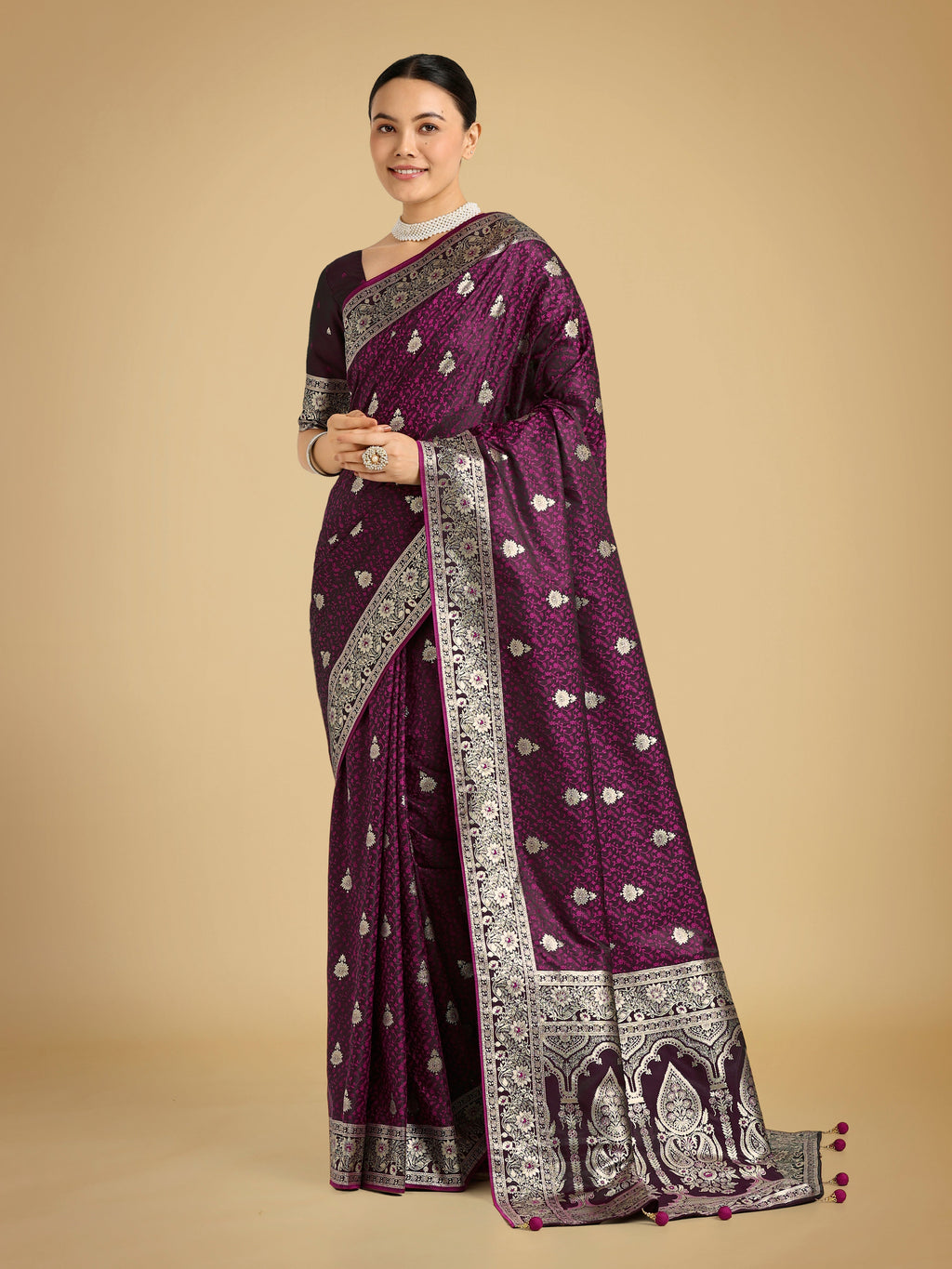 Monjolika Fashion Wine Banarasi Satin Silk Saree with Intricate Zari Work with Rich Weaving Pattern | Grocsy