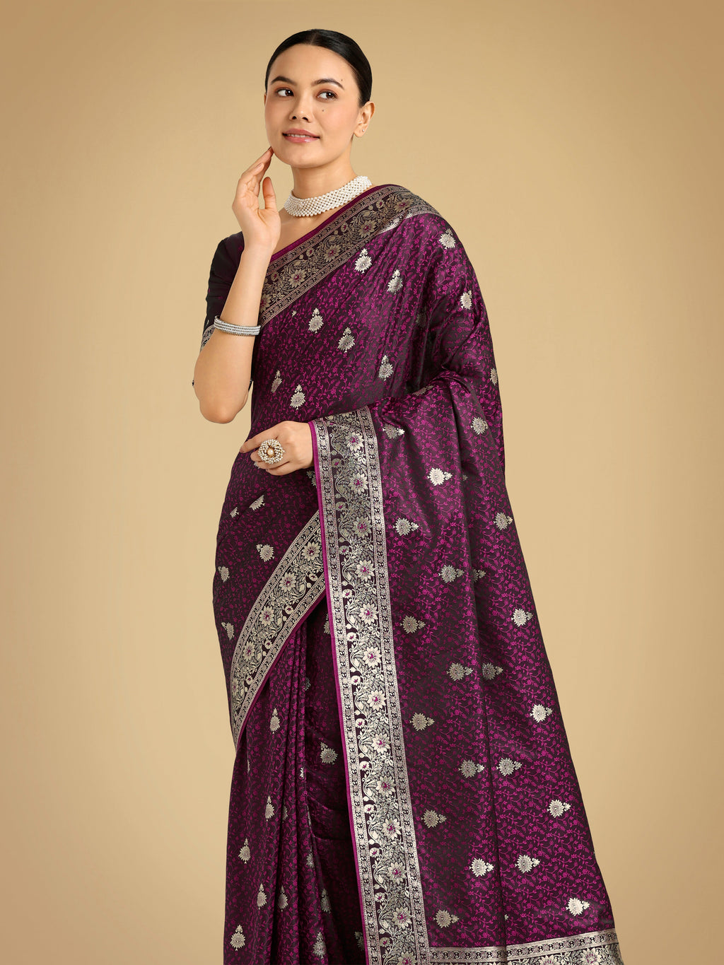 Monjolika Fashion Wine Banarasi Satin Silk Saree with Intricate Zari Work with Rich Weaving Pattern | Grocsy