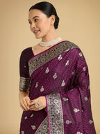 Monjolika Fashion Wine Banarasi Satin Silk Saree with Intricate Zari Work with Rich Weaving Pattern | Grocsy