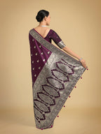 Monjolika Fashion Wine Banarasi Satin Silk Saree with Intricate Zari Work with Rich Weaving Pattern | Grocsy