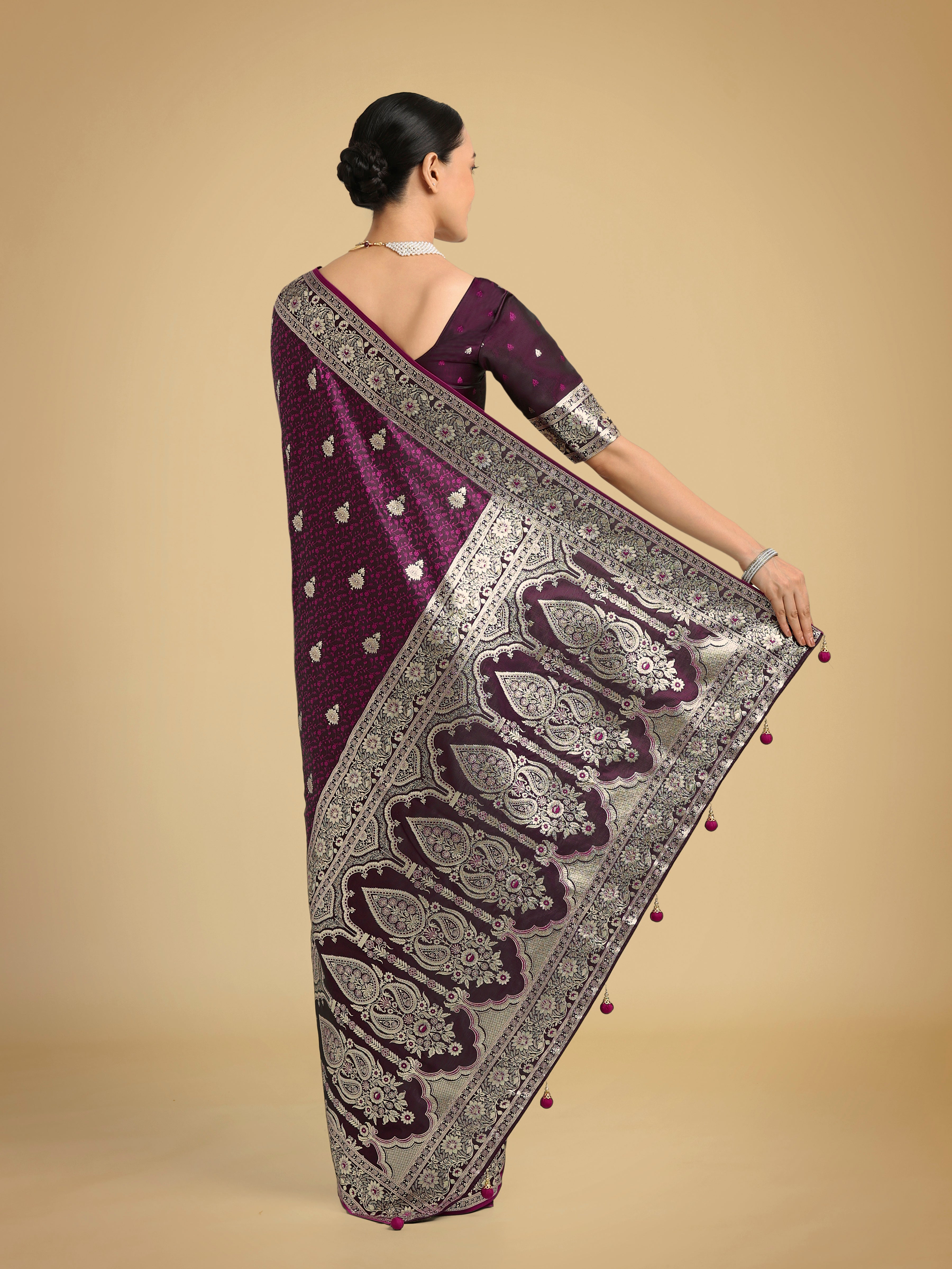 Monjolika Fashion Wine Banarasi Satin Silk Saree with Intricate Zari Work with Rich Weaving Pattern | Grocsy