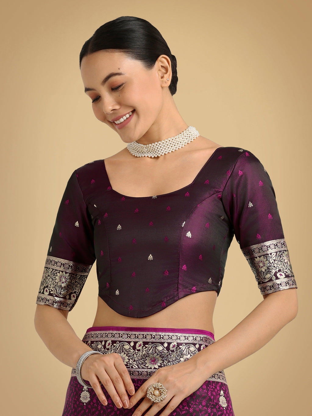 Monjolika Fashion Wine Banarasi Satin Silk Saree with Intricate Zari Work with Rich Weaving Pattern | Grocsy