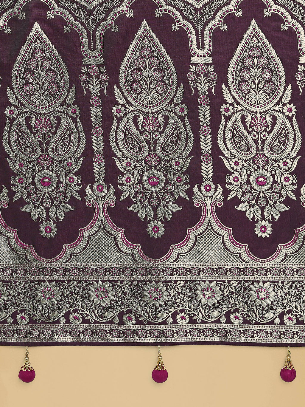 Monjolika Fashion Wine Banarasi Satin Silk Saree with Intricate Zari Work with Rich Weaving Pattern | Grocsy