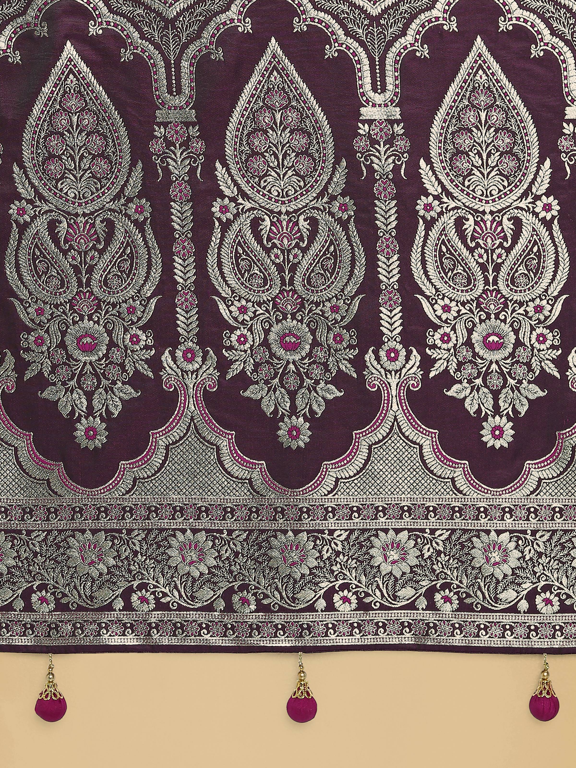 Monjolika Fashion Wine Banarasi Satin Silk Saree with Intricate Zari Work with Rich Weaving Pattern | Grocsy