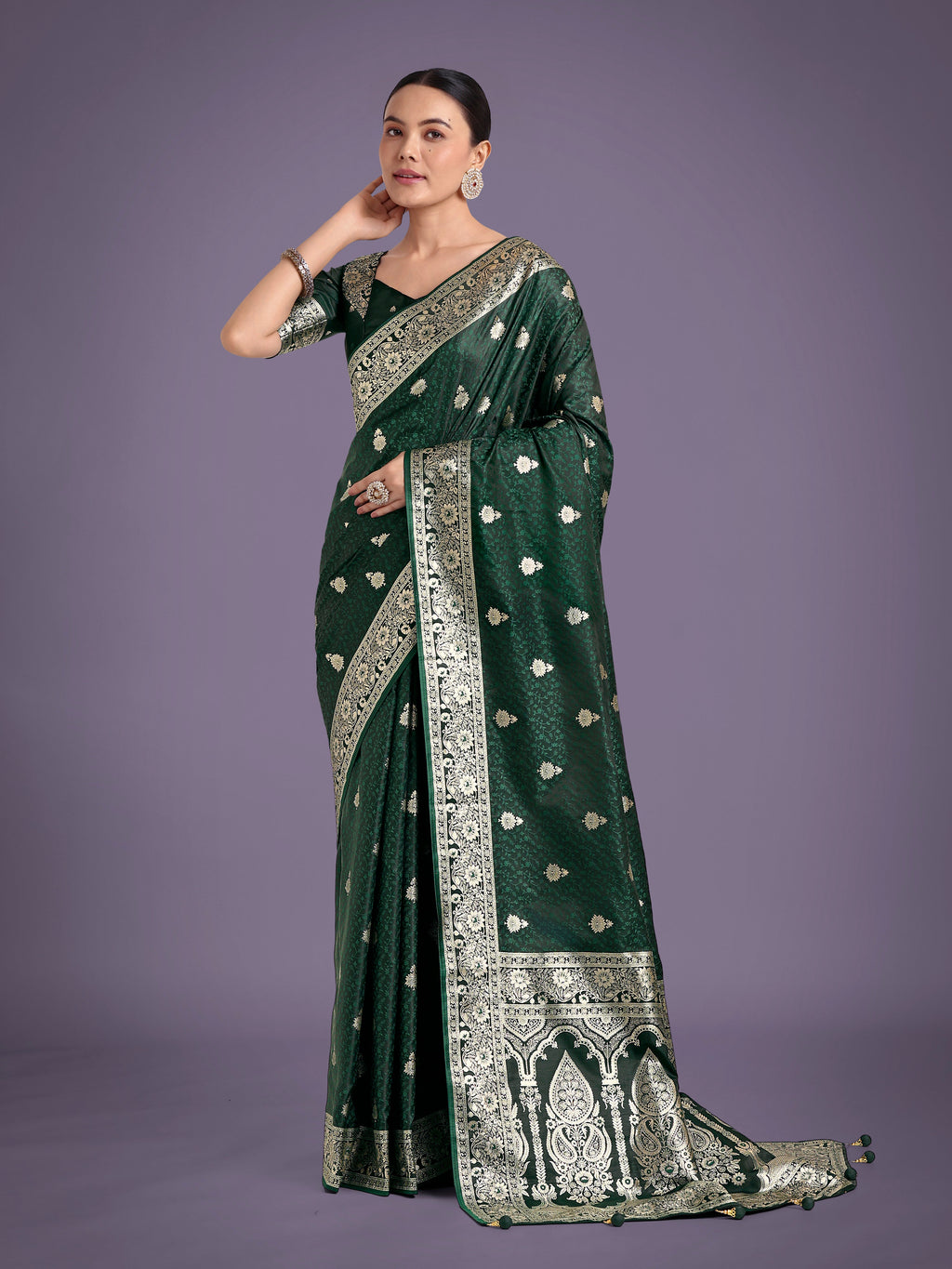 Monjolika Fashion Dark Green Banarasi Satin Silk Saree with Intricate Zari Work with Rich Weaving Pattern | Grocsy