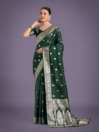 Monjolika Fashion Dark Green Banarasi Satin Silk Saree with Intricate Zari Work with Rich Weaving Pattern | Grocsy