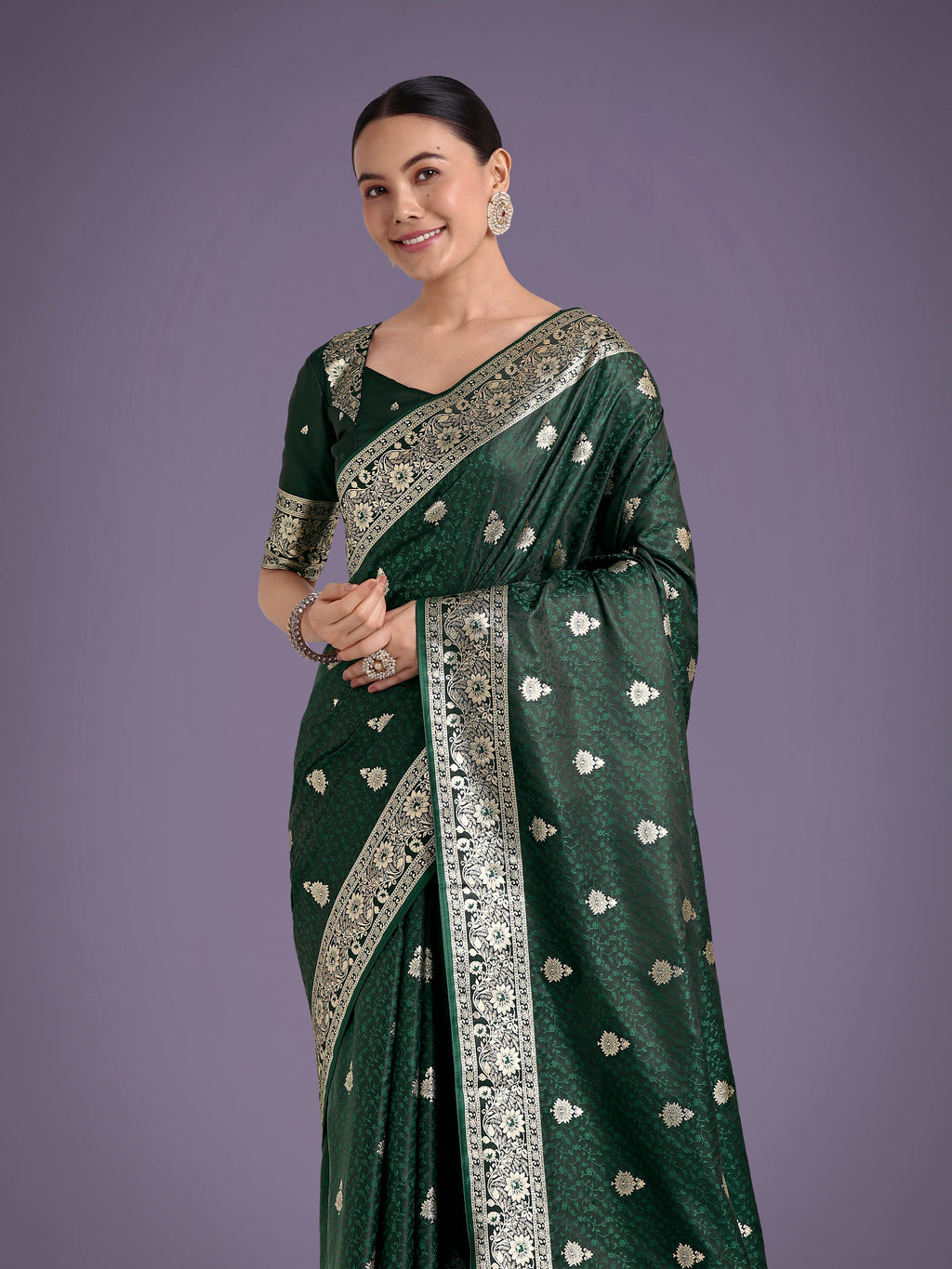 Monjolika Fashion Dark Green Banarasi Satin Silk Saree with Intricate Zari Work with Rich Weaving Pattern | Grocsy
