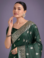 Monjolika Fashion Dark Green Banarasi Satin Silk Saree with Intricate Zari Work with Rich Weaving Pattern | Grocsy