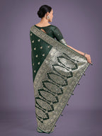 Monjolika Fashion Dark Green Banarasi Satin Silk Saree with Intricate Zari Work with Rich Weaving Pattern | Grocsy