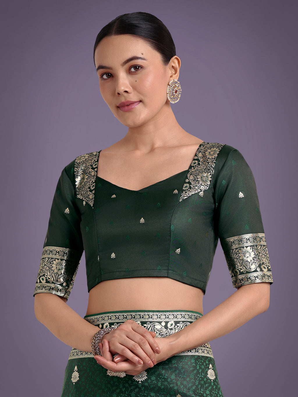 Monjolika Fashion Dark Green Banarasi Satin Silk Saree with Intricate Zari Work with Rich Weaving Pattern | Grocsy