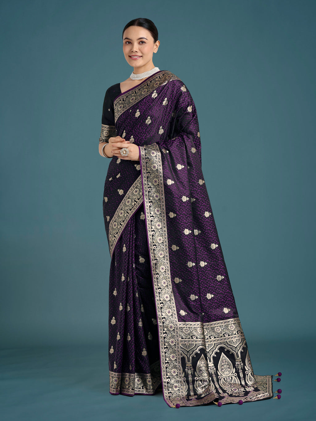 Monjolika Fashion Purple Banarasi Satin Silk Saree with Intricate Zari Work with Rich Weaving Pattern | Grocsy