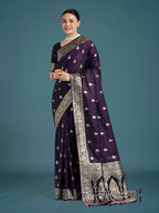 Monjolika Fashion Purple Banarasi Satin Silk Saree with Intricate Zari Work with Rich Weaving Pattern | Grocsy