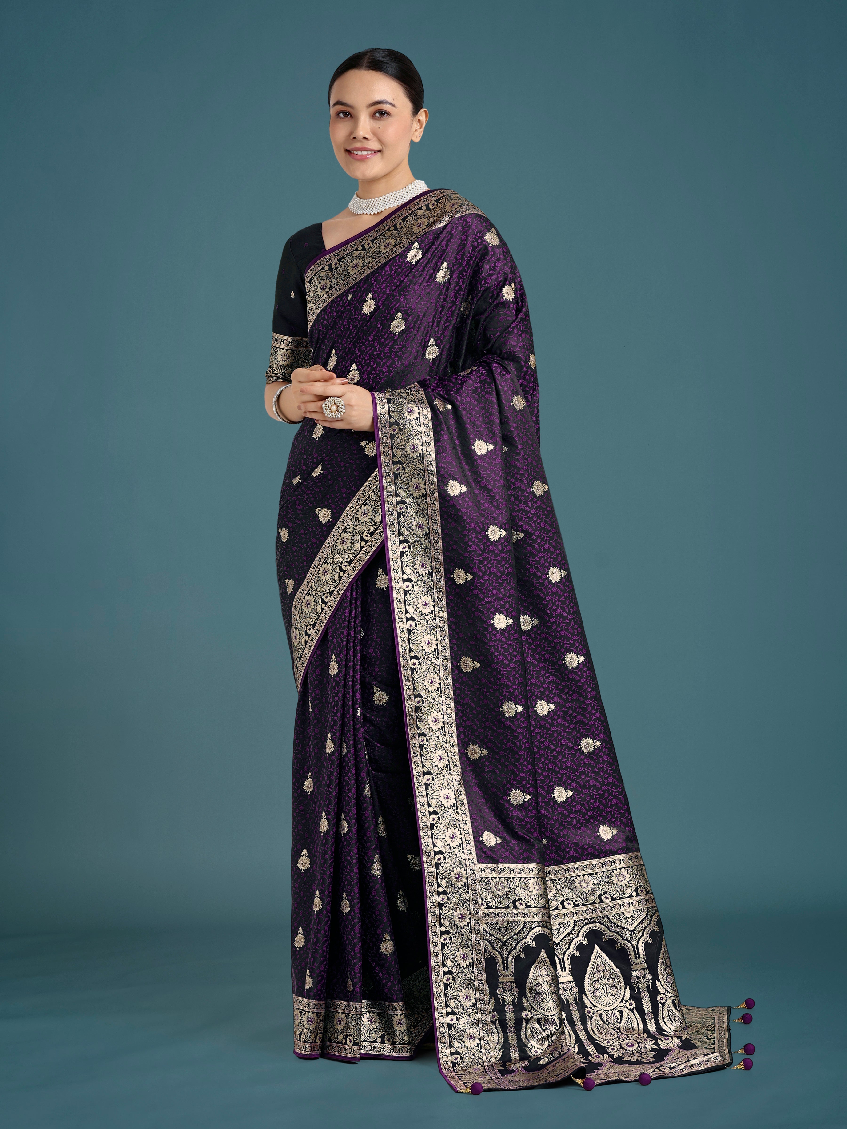 Monjolika Fashion Purple Banarasi Satin Silk Saree with Intricate Zari Work with Rich Weaving Pattern | Grocsy