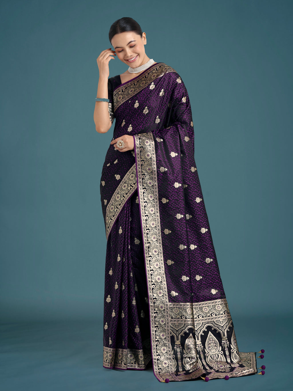 Monjolika Fashion Purple Banarasi Satin Silk Saree with Intricate Zari Work with Rich Weaving Pattern | Grocsy