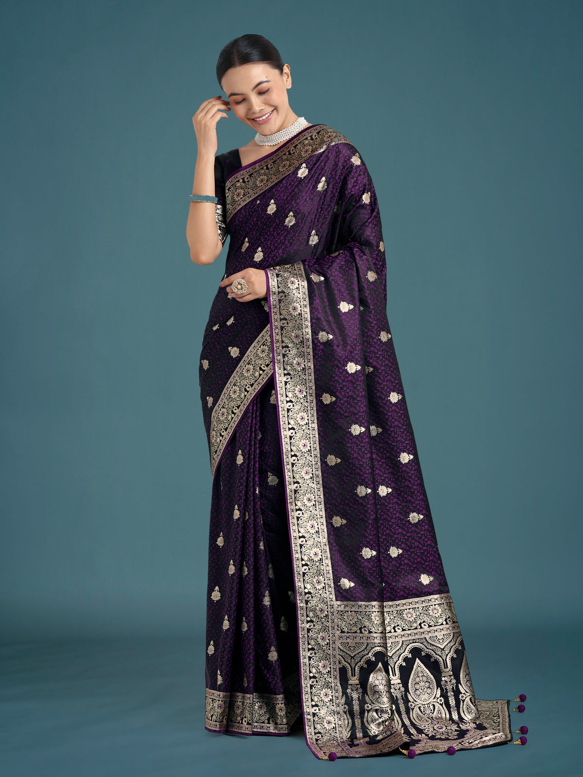 Monjolika Fashion Purple Banarasi Satin Silk Saree with Intricate Zari Work with Rich Weaving Pattern | Grocsy