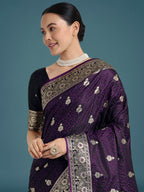 Monjolika Fashion Purple Banarasi Satin Silk Saree with Intricate Zari Work with Rich Weaving Pattern | Grocsy