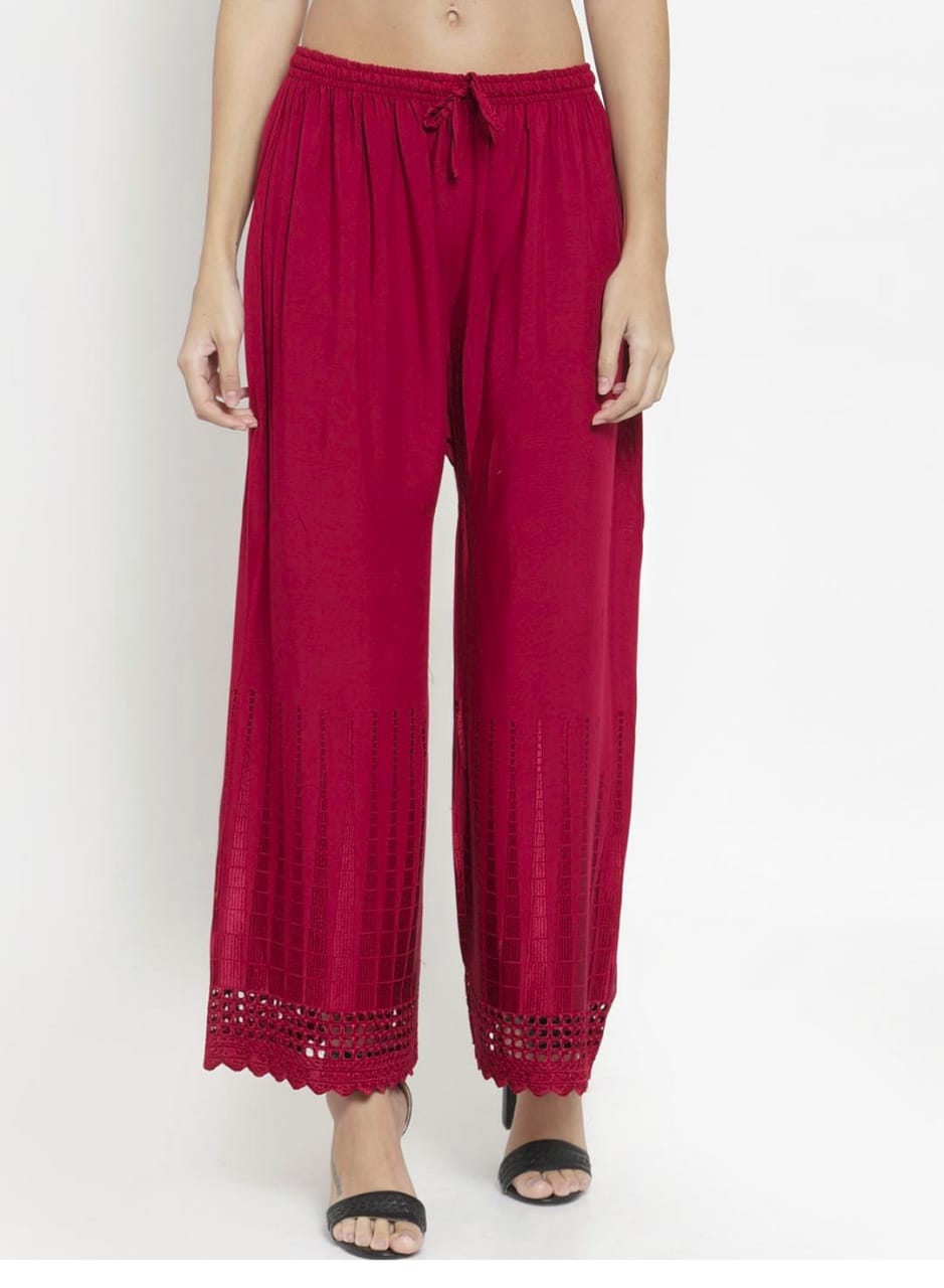 PAVONINE Maroon Color Aari Work Minar Design Rayon Fabric Shrarara | Grocsy