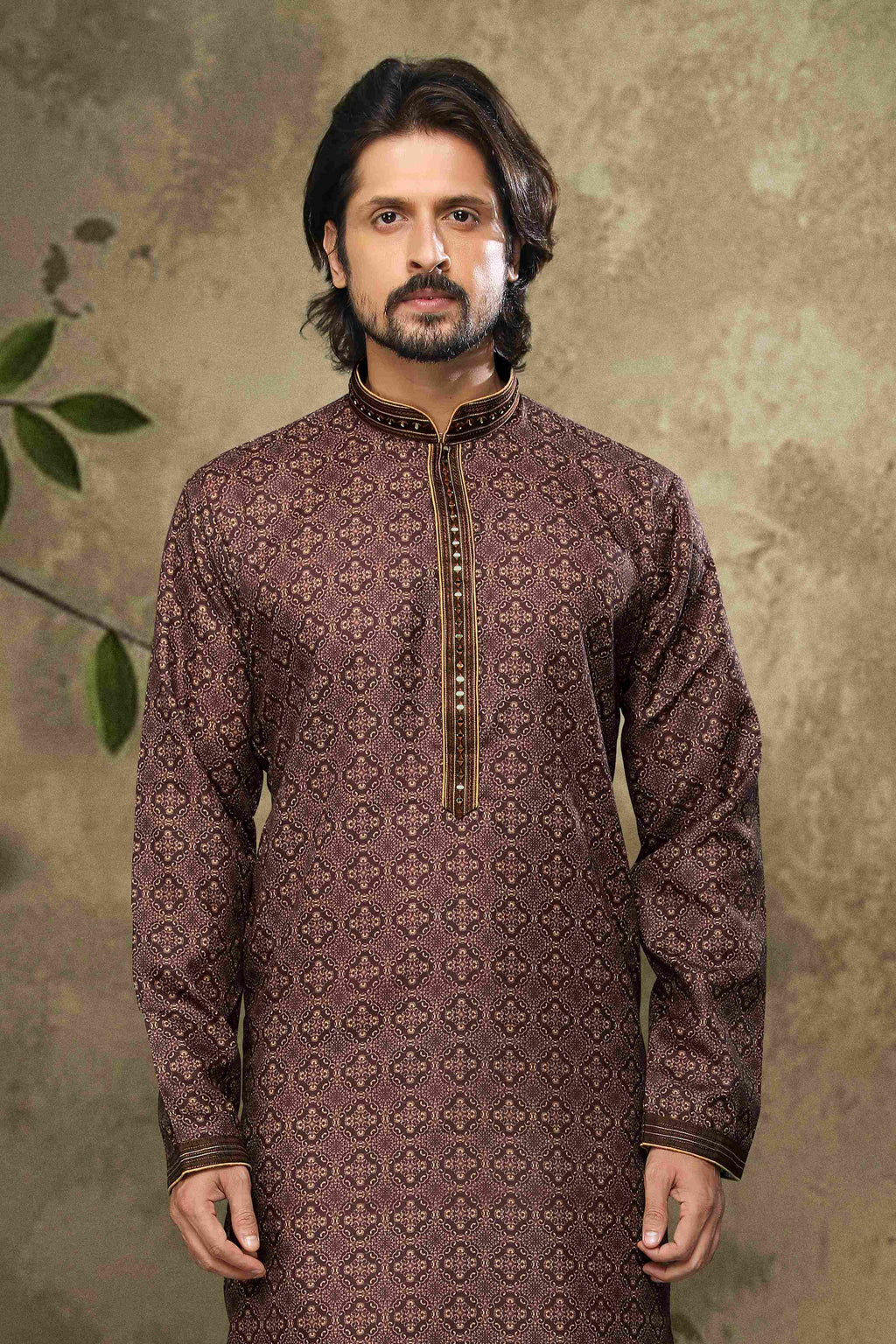 Raivat Ethnic Cotton Digital Print Pintux Work Kurta Pajama In Brown Colour | Grocsy