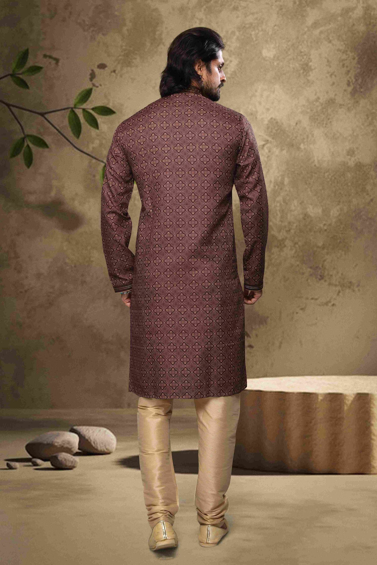 Raivat Ethnic Cotton Digital Print Pintux Work Kurta Pajama In Brown Colour | Grocsy