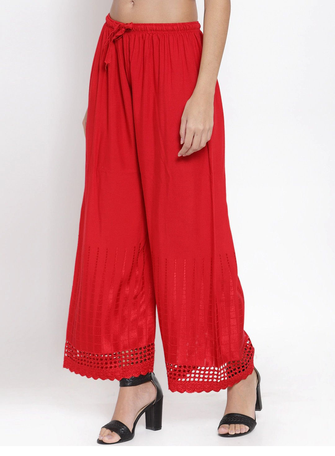 PAVONINE Red Color Aari Work Minar Design Rayon Fabric Shrarara | Grocsy