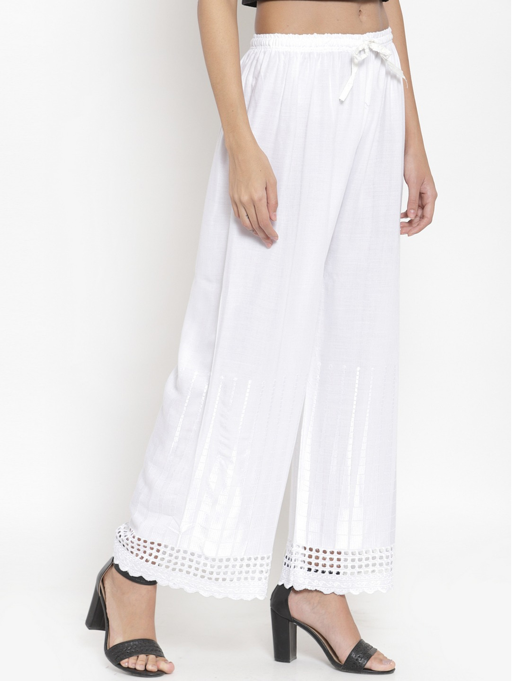 PAVONINE White Color Aari Work Minar Design Rayon Fabric Shrarara | Grocsy