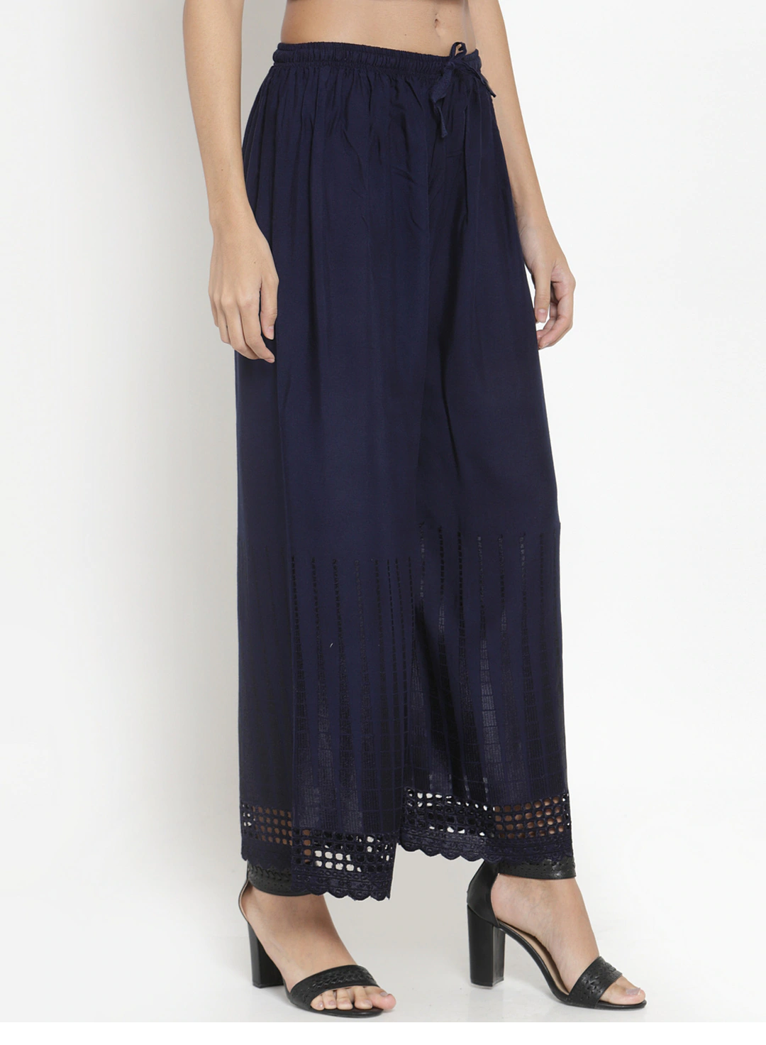 PAVONINE Navy Blue Color Aari Work Minar Design Rayon Fabric Shrarara | Grocsy