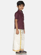 Sethukrishna Boys Maroon & White Solid Shirt with Veshti Set | Grocsy