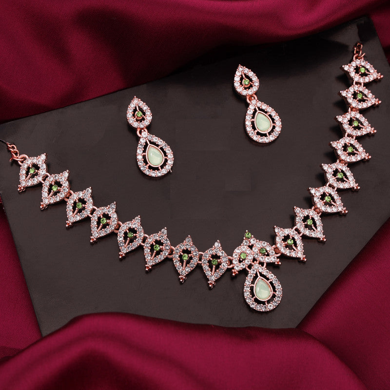 Tehzeeb Creations Sea Green Colour Ad Studded Necklace Jewellery Set With Matching Earrings For Women And Girls | Grocsy