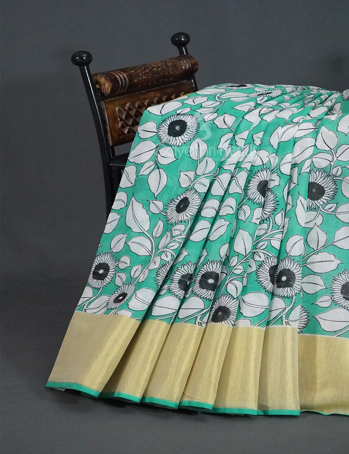 Gleaming Sea Green Kalamkari Cotton Linen Printed Saree By Gayathri Reddy Designer Studio | Grocsy