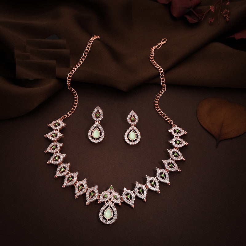Tehzeeb Creations Sea Green Colour Ad Studded Necklace Jewellery Set With Matching Earrings For Women And Girls | Grocsy