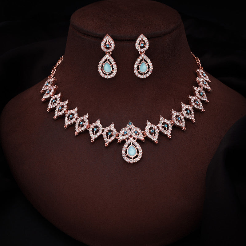 Tehzeeb Creations Sky Blue Colour Ad Studded Necklace Jewellery Set With Matching Earrings For Women And Girls | Grocsy