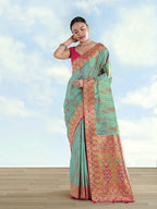 Monjolika Fashion Sky Blue Color Banarasi Tissue Silk Paithani Woven Saree | Grocsy