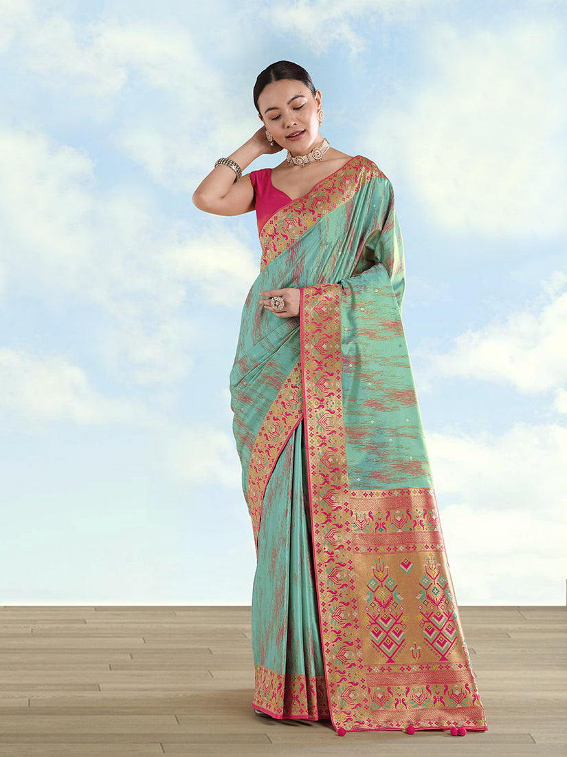 Monjolika Fashion Sky Blue Color Banarasi Tissue Silk Paithani Woven Saree | Grocsy