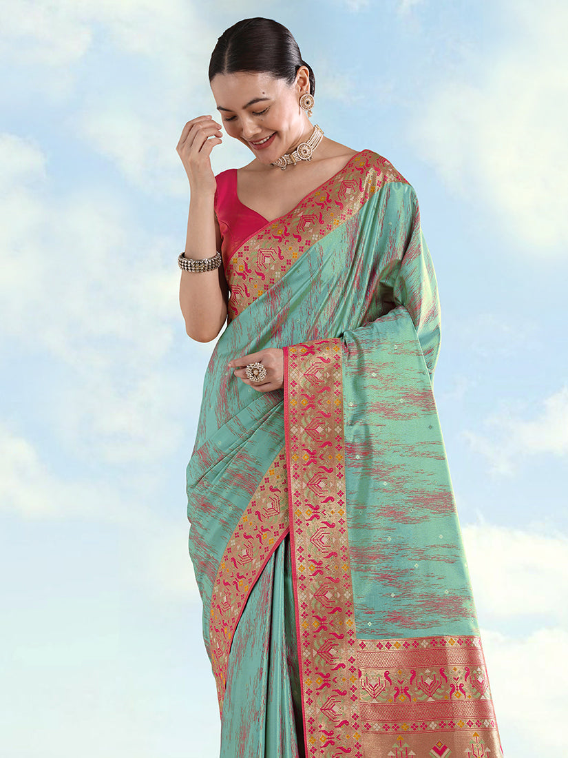 Monjolika Fashion Sky Blue Color Banarasi Tissue Silk Paithani Woven Saree | Grocsy