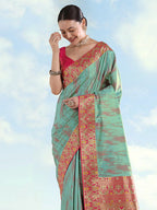 Monjolika Fashion Sky Blue Color Banarasi Tissue Silk Paithani Woven Saree | Grocsy