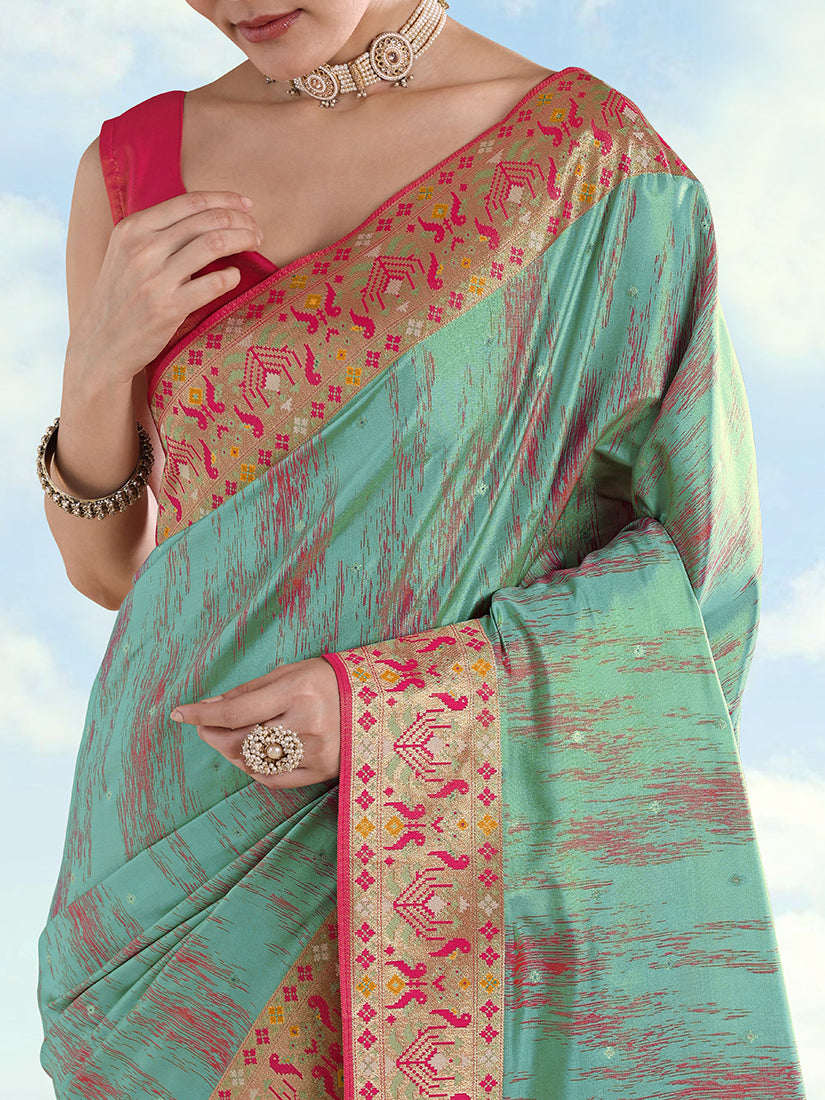 Monjolika Fashion Sky Blue Color Banarasi Tissue Silk Paithani Woven Saree | Grocsy