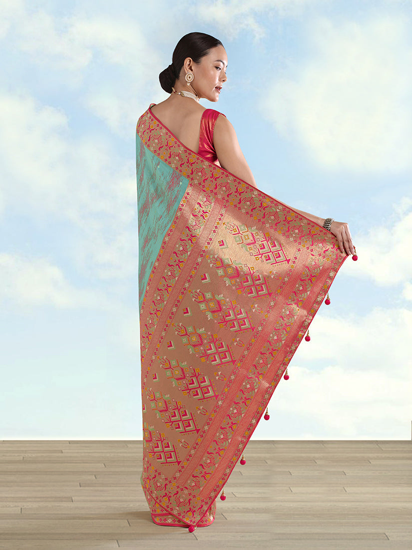 Monjolika Fashion Sky Blue Color Banarasi Tissue Silk Paithani Woven Saree | Grocsy