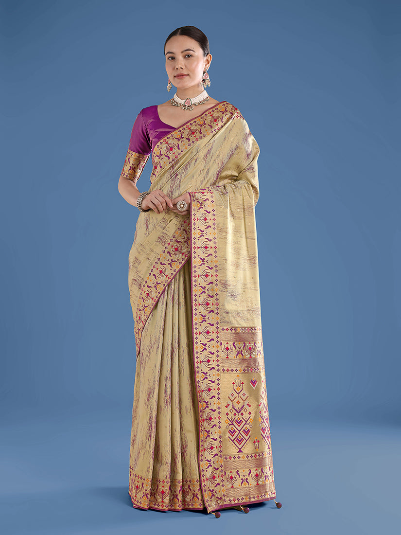 Monjolika Fashion Beige Color Banarasi Tissue Silk Paithani Woven Saree | Grocsy