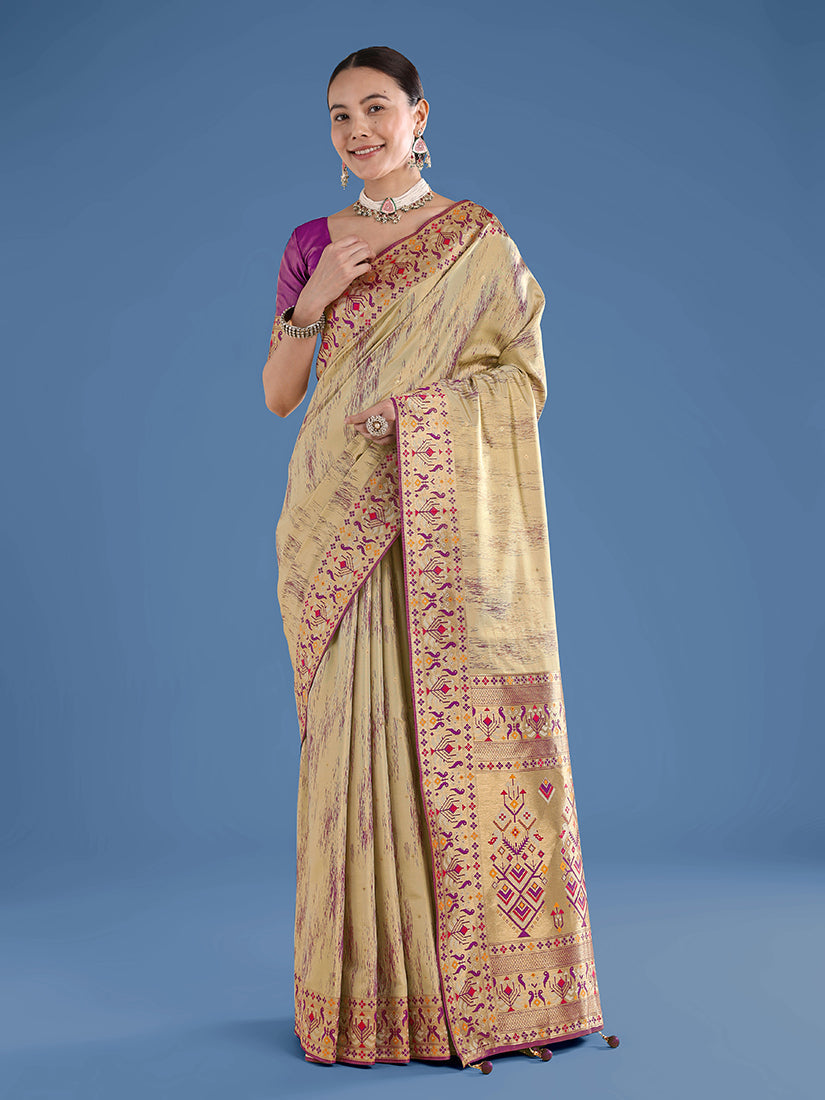 Monjolika Fashion Beige Color Banarasi Tissue Silk Paithani Woven Saree | Grocsy