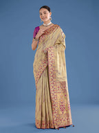 Monjolika Fashion Beige Color Banarasi Tissue Silk Paithani Woven Saree | Grocsy
