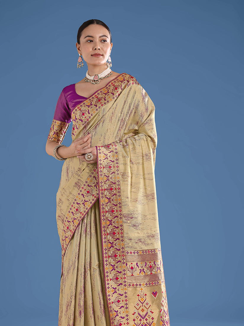 Monjolika Fashion Beige Color Banarasi Tissue Silk Paithani Woven Saree | Grocsy
