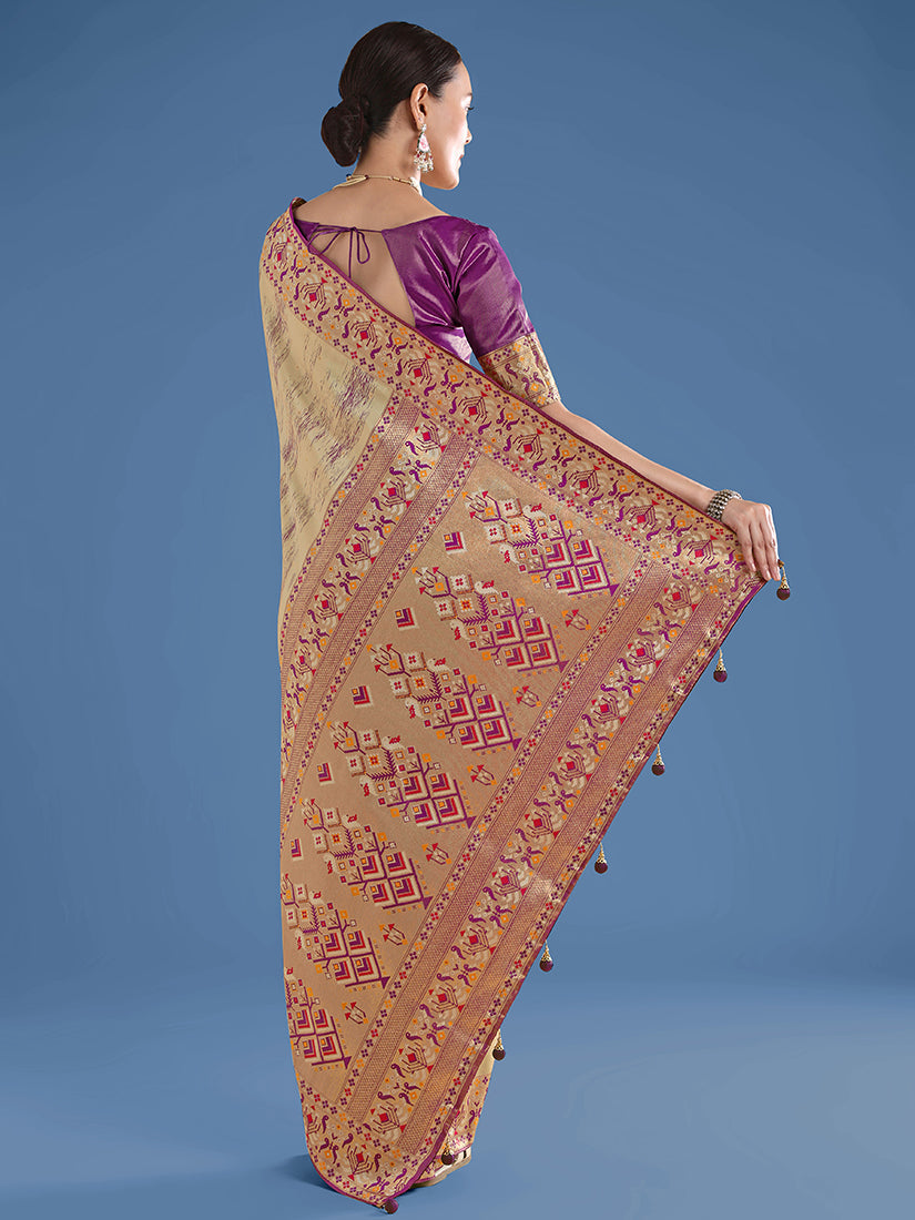 Monjolika Fashion Beige Color Banarasi Tissue Silk Paithani Woven Saree | Grocsy